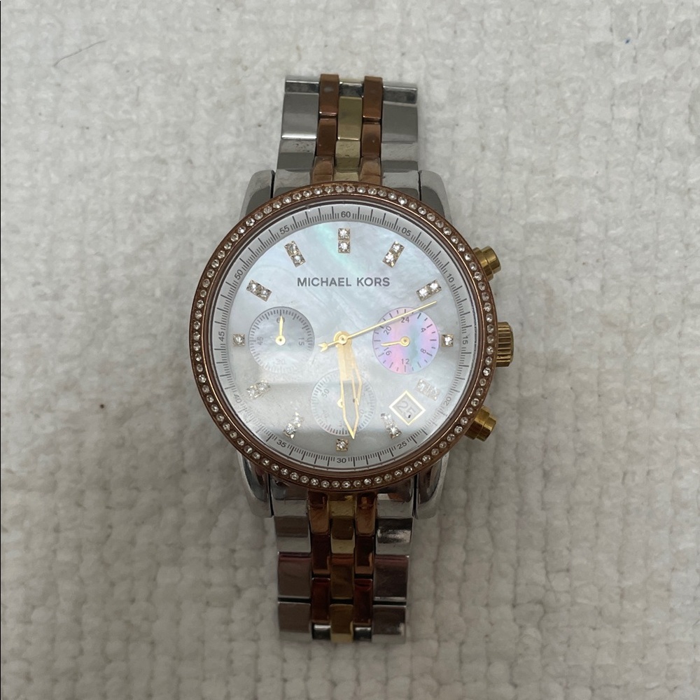 Michael Kors Silver and Gold Watch with White Dial